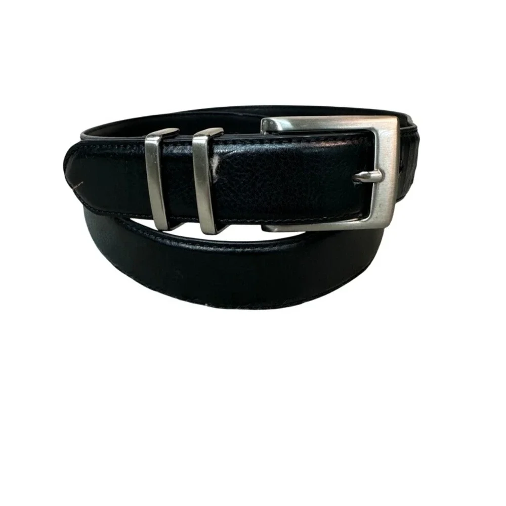 Beverly Hills Polo Club Mens Black Genuine Leather Belt Silver Buckle Size 42